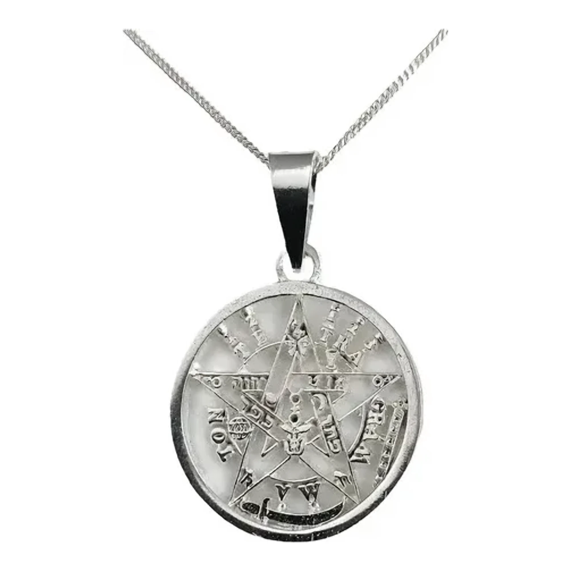 Dije tetragramaton de plata .925 grabado con collar de pentagrama talisman de proteccion y cadena barbada de eslabon de 1 mm