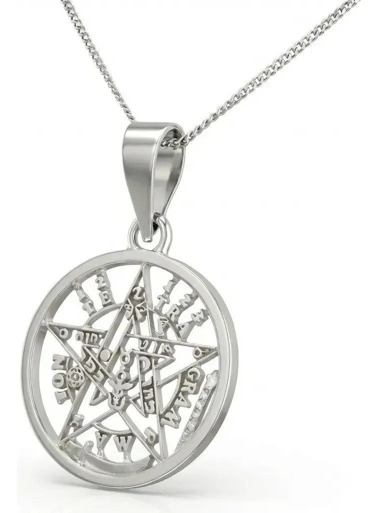 Collar Pentagrama Tetragramatón Plata 925 con Cadena Barbada Unisex - Imagen 1