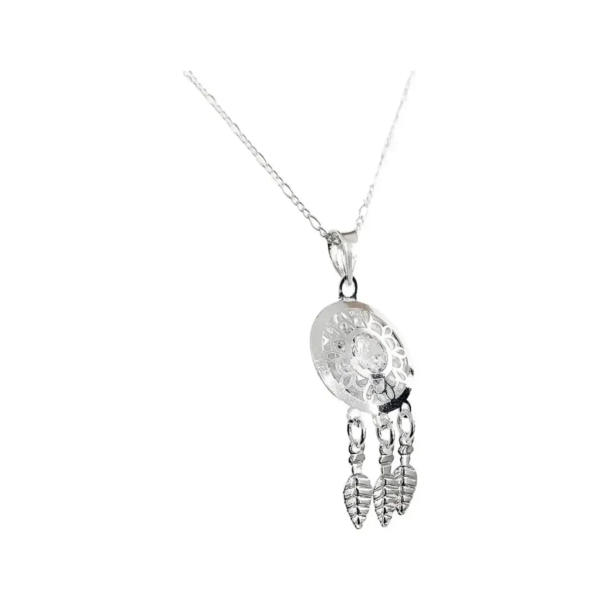 Collar de Plata .925 Atrapa Sueños con Zirconia, cadena Figaro 3x1. Joyería artesanal mexicana de diseño orgánico en plata.