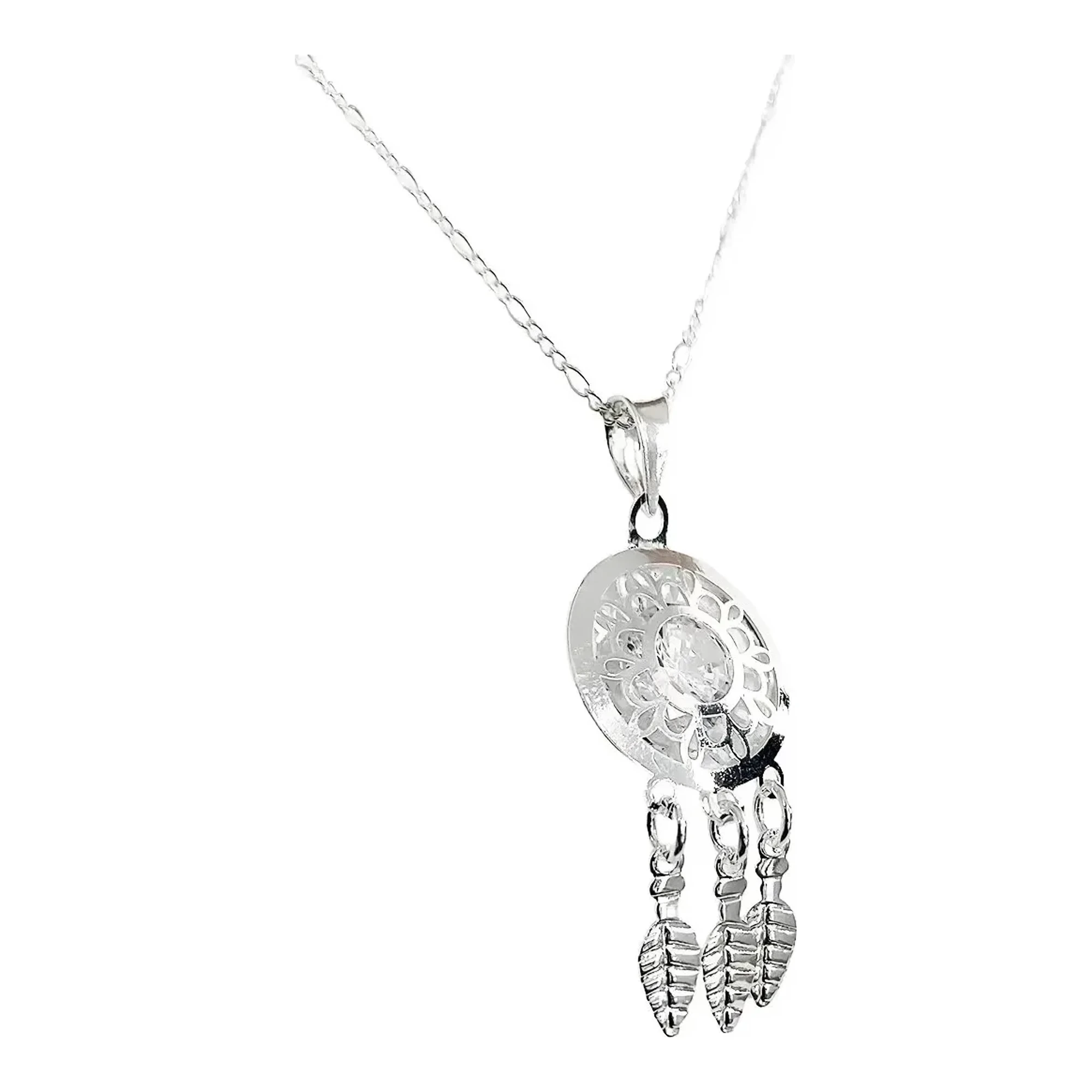 Collar dije atrapasueños con plumas en plata ley 925 mexicana brillante con zirconia incrustada y cadena Figaro 3x1 de 50cm