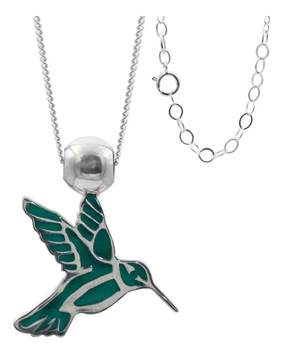 Collar Plata 925 Colibrí Esmaltado Azul Cielo Cadena Espejo - Joyaris joyería fina artesanal