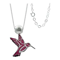 Collar Plata 925 Colibrí Esmaltado Fucsia Cadena Ajustable - Imagen 1