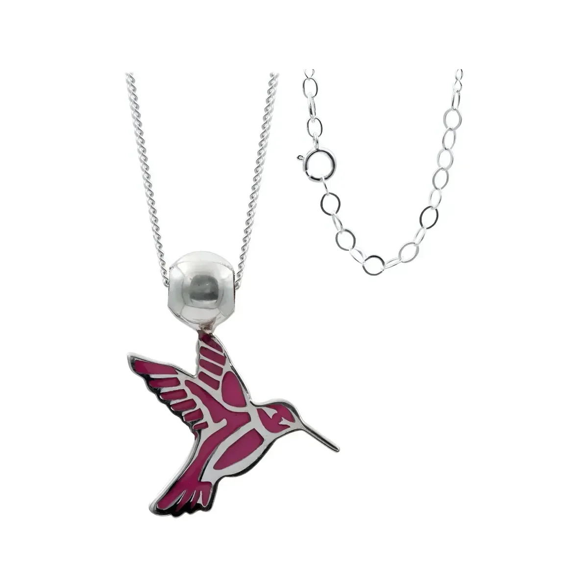 Collar Plata 925 Colibrí esmaltado fucsia para mujer, dije de 24x21 mm con significado espiritual. Joyería artesanal mexicana