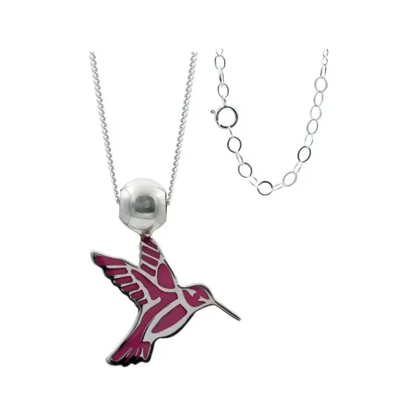 Collar Plata 925 Colibrí Esmaltado Fucsia Cadena Ajustable - Imagen 1