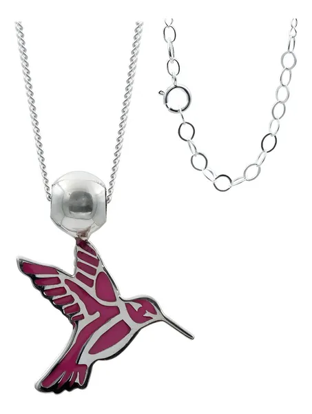 Collar Plata 925 Colibrí Esmaltado Fucsia Cadena Ajustable - Imagen 1