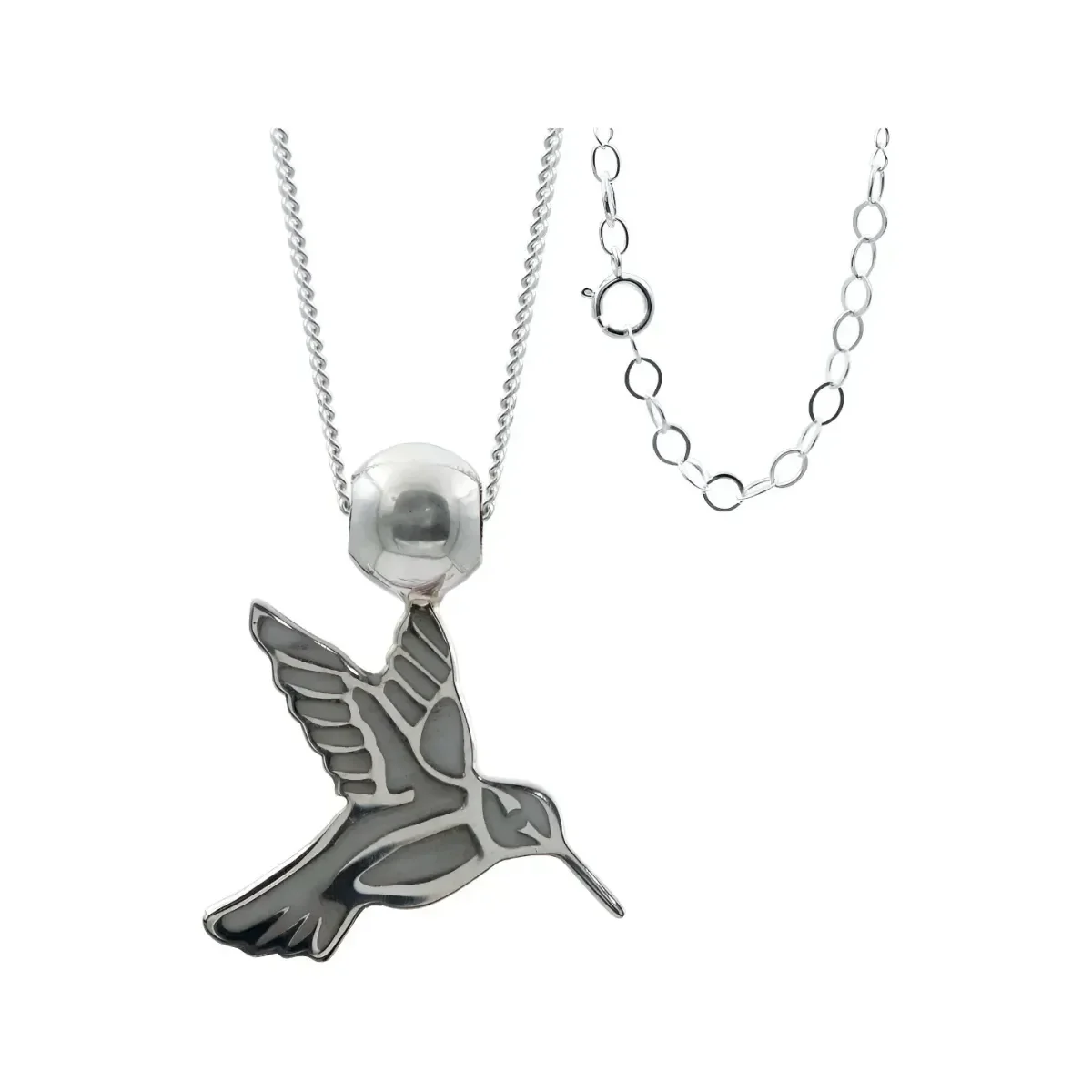 Collar de plata 925 colibrí esmaltado gris para mujer. Joyería mexicana de autor, diseño natural moderno con significado.