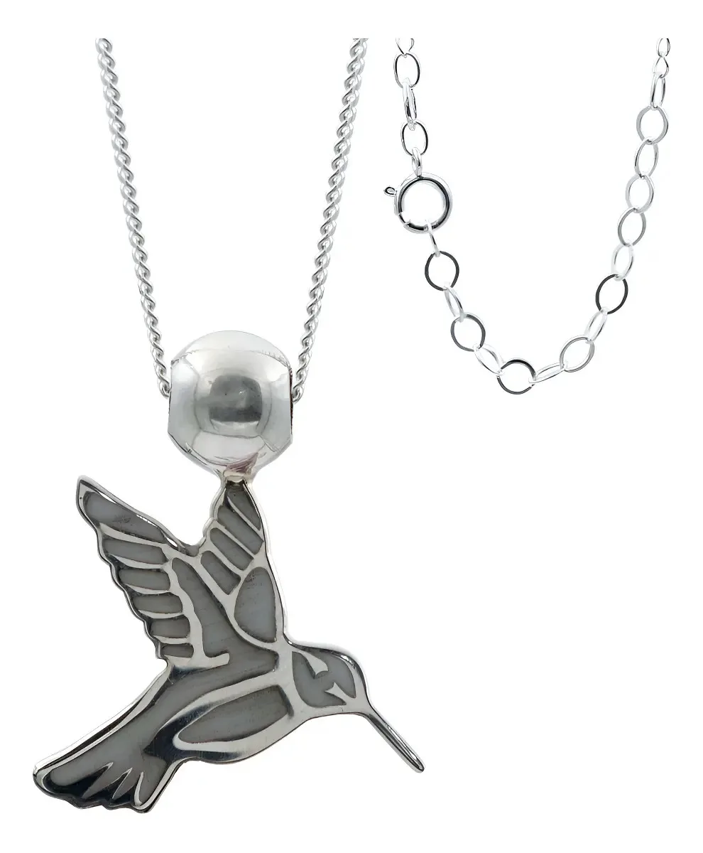 Collar Plata 925 Colibrí Esmaltado Gris para Mujer. Joyería artesanal mexicana, plata 925 auténtica, diseño natural y moderno