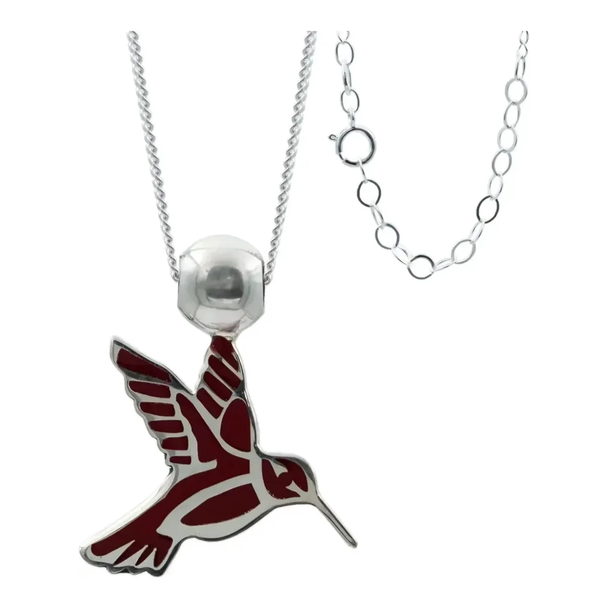 Collar dije colibri plata 925 esmaltado rojo cadena barbada 45 cm broche bandola joyeria fina mujer ajustable