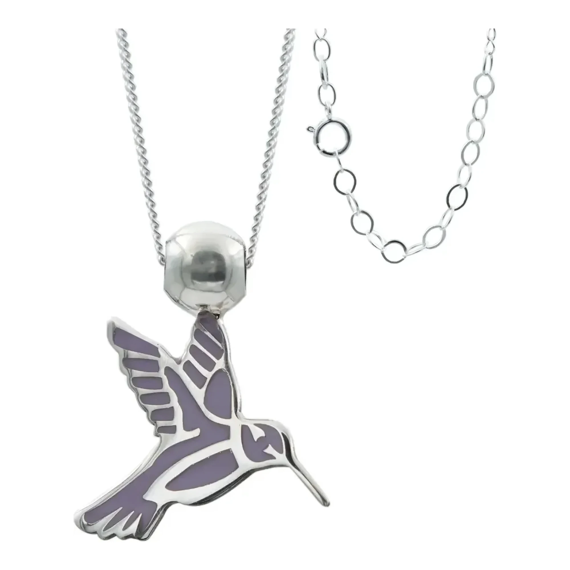 Collar colibrí morado en plata .925 esmaltado violeta con cadena barbada ajustable de 45 cm y dije de ave fina