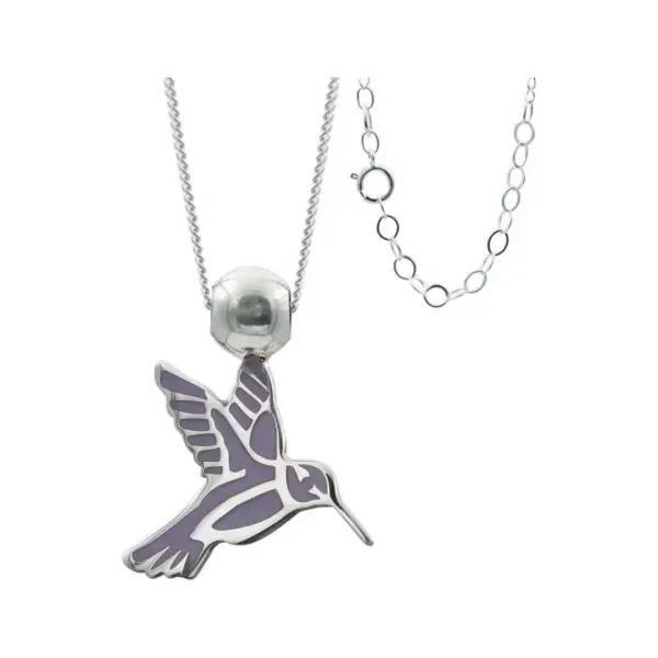 Collar Plata 925 Colibrí Esmaltado Violeta Ajustable - Imagen 1