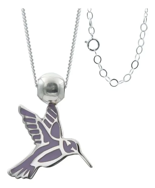 Collar Plata 925 Colibrí Esmaltado Violeta Ajustable - Imagen 1