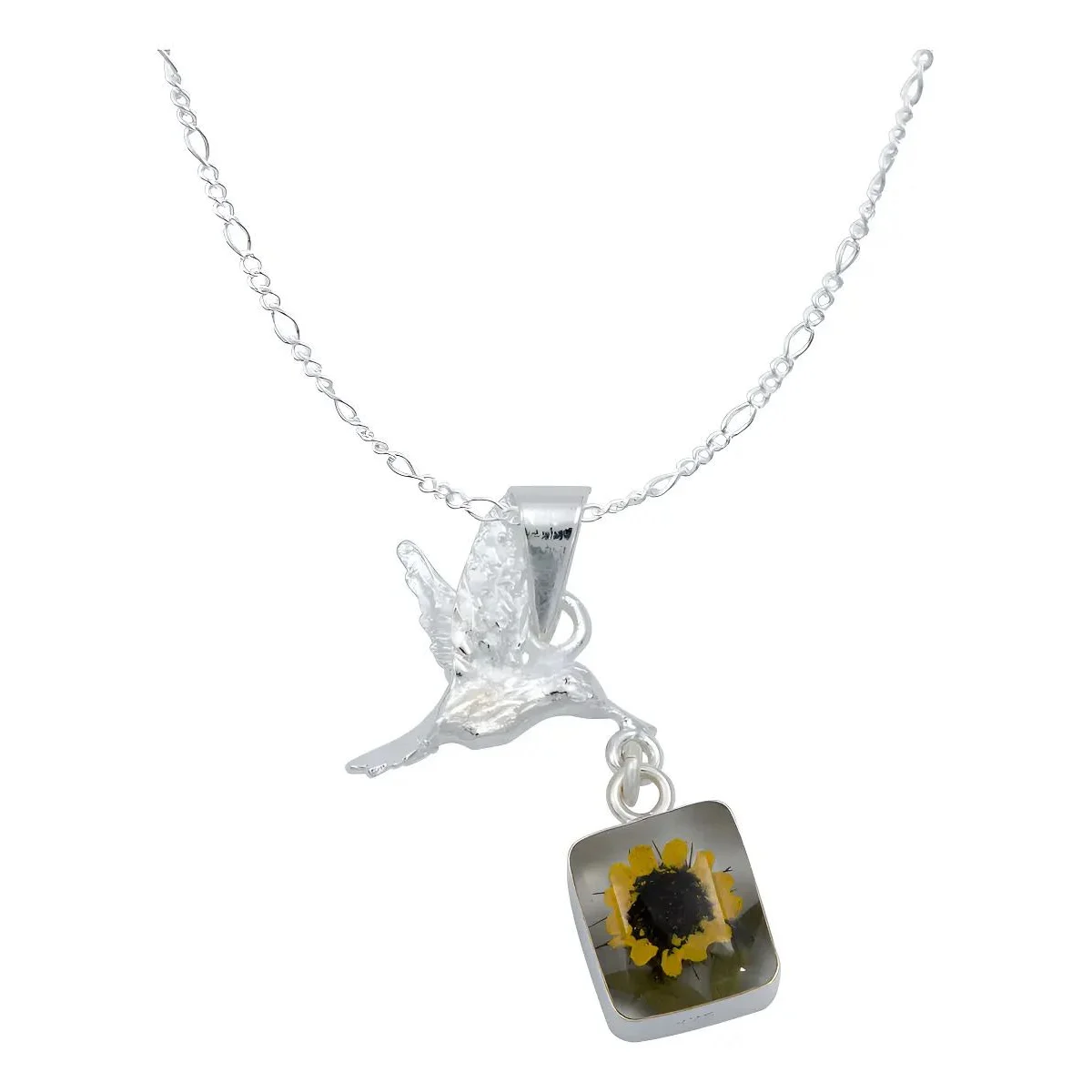 Collar Plata .925 con dije cuadrado encapsulado colibrí girasol, joyería artesanal mexicana, ideal regalo sentimental mamá, c