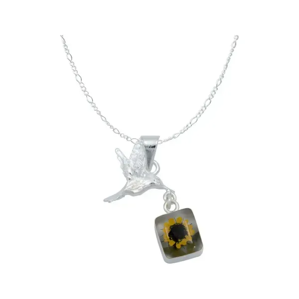 Collar Plata 925 con Dije Cuadrado Colibrí Girasol Encapsulado - Imagen 1