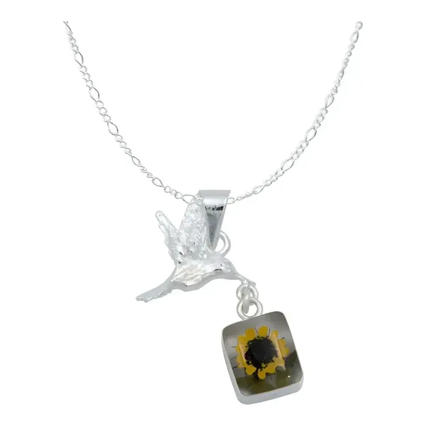 Collar Plata 925 con Dije Cuadrado Colibrí Girasol Encapsulado - Imagen 1