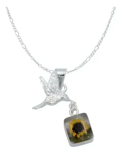 Collar Plata 925 con Dije Cuadrado Colibrí Girasol Encapsulado - Imagen 1