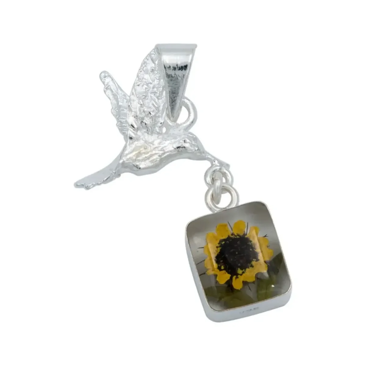Collar Plata 925 con Dije Cuadrado Colibrí Girasol Encapsulado - Imagen 2