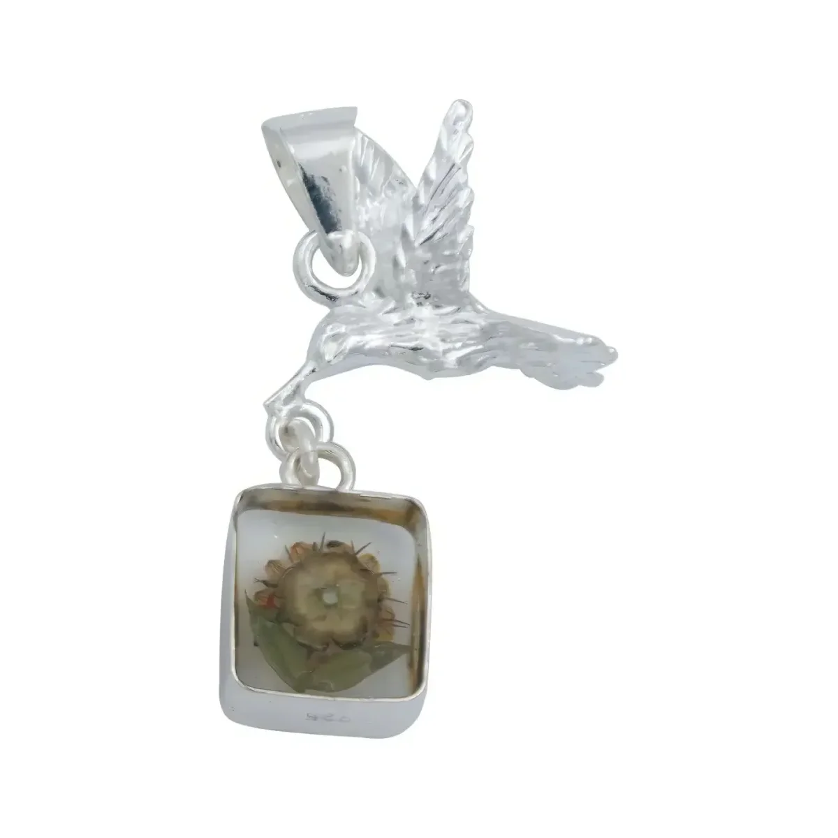 Collar Plata 925 con Dije Cuadrado Colibrí Girasol Encapsulado - Imagen 5