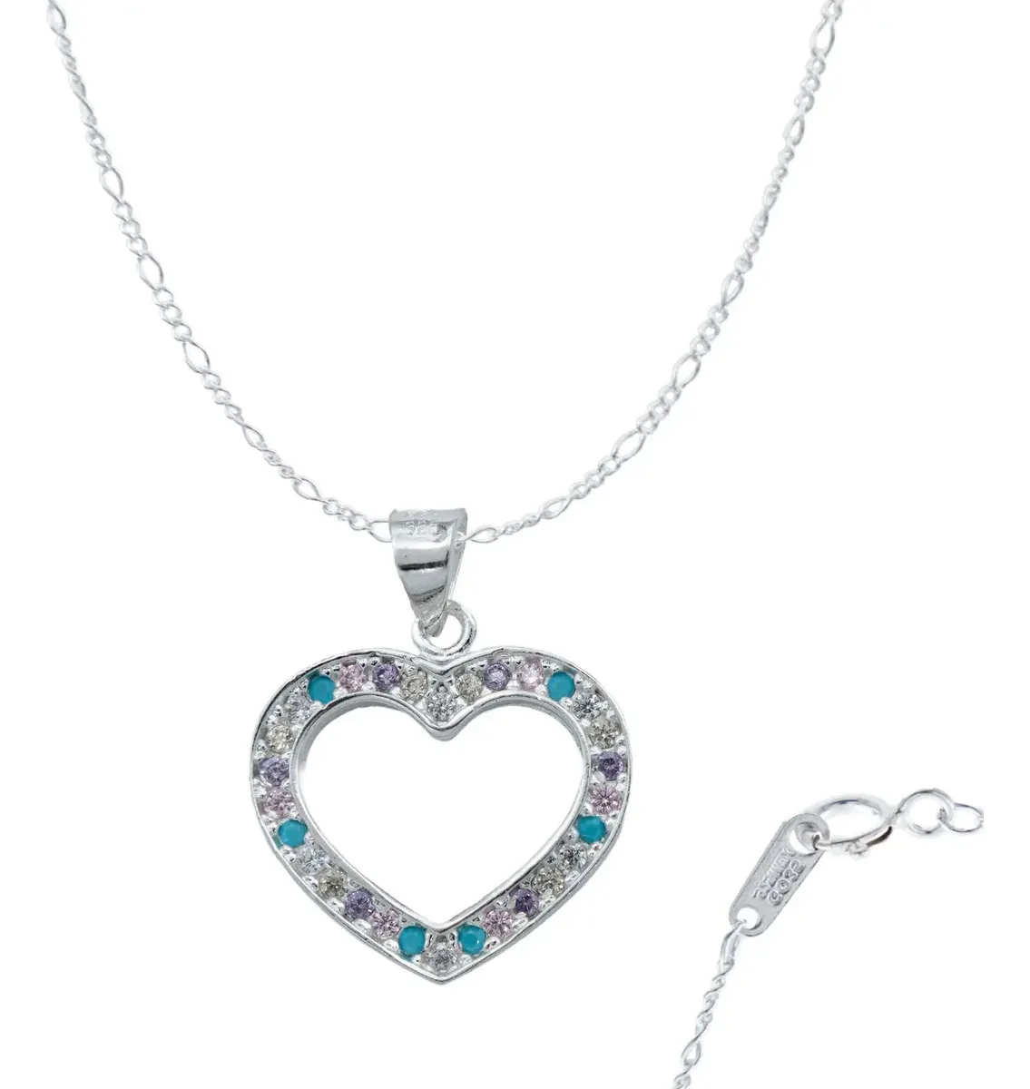 Collar de Plata .925 Corazón con Contorno de Zirconia Multicolor, dije corazón delicado, pedrería colorida, joyería fina