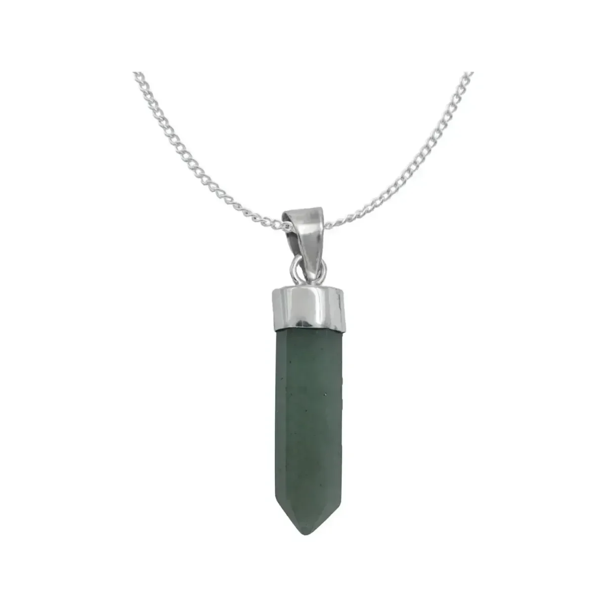 Collar Plata .925 certificada con cuarzo natural verde tallado diseño prisma, joyería holística hecha a mano en México.