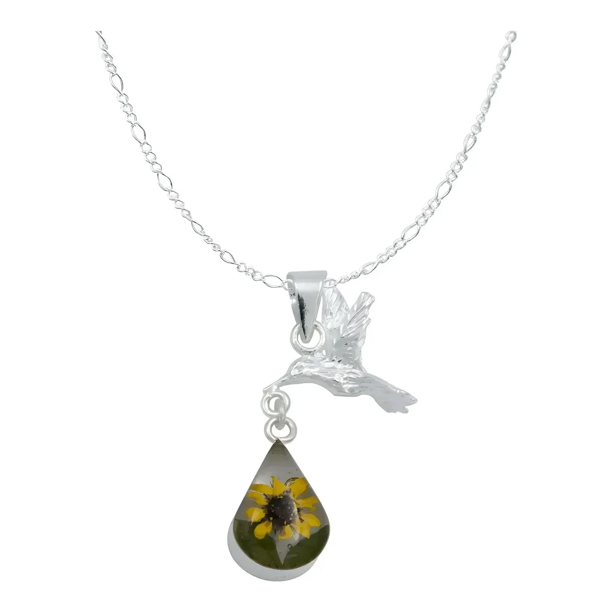 Collar de plata .925 con dije colibrí para mujer y flores naturales encapsuladas en dije gota de plata acabado encapsulado