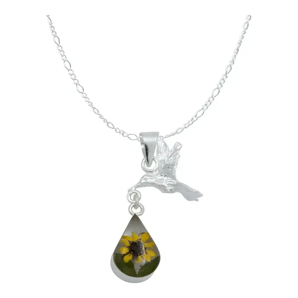 Collar Plata 925 Dije Colibrí Girasol Encapsulado Forma Lágrima - Imagen 1