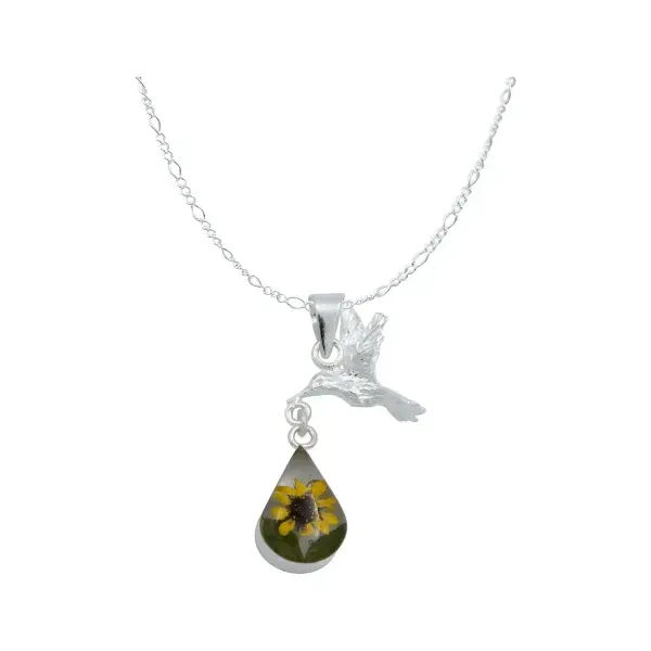 Collar Plata 925 Dije Colibrí Girasol Encapsulado Forma Lágrima - Imagen 1