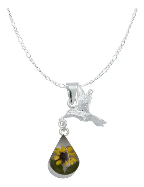 Collar Plata 925 Dije Colibrí Girasol Encapsulado Forma Lágrima - Imagen 1