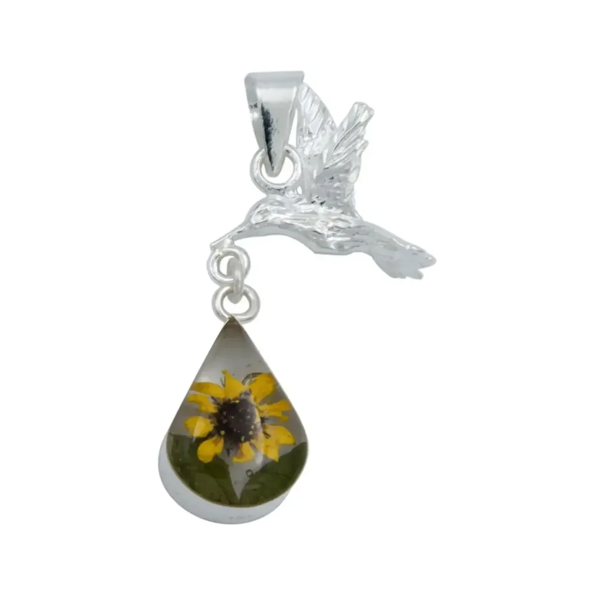Collar Plata 925 Dije Colibrí Girasol Encapsulado Forma Lágrima - Imagen 2