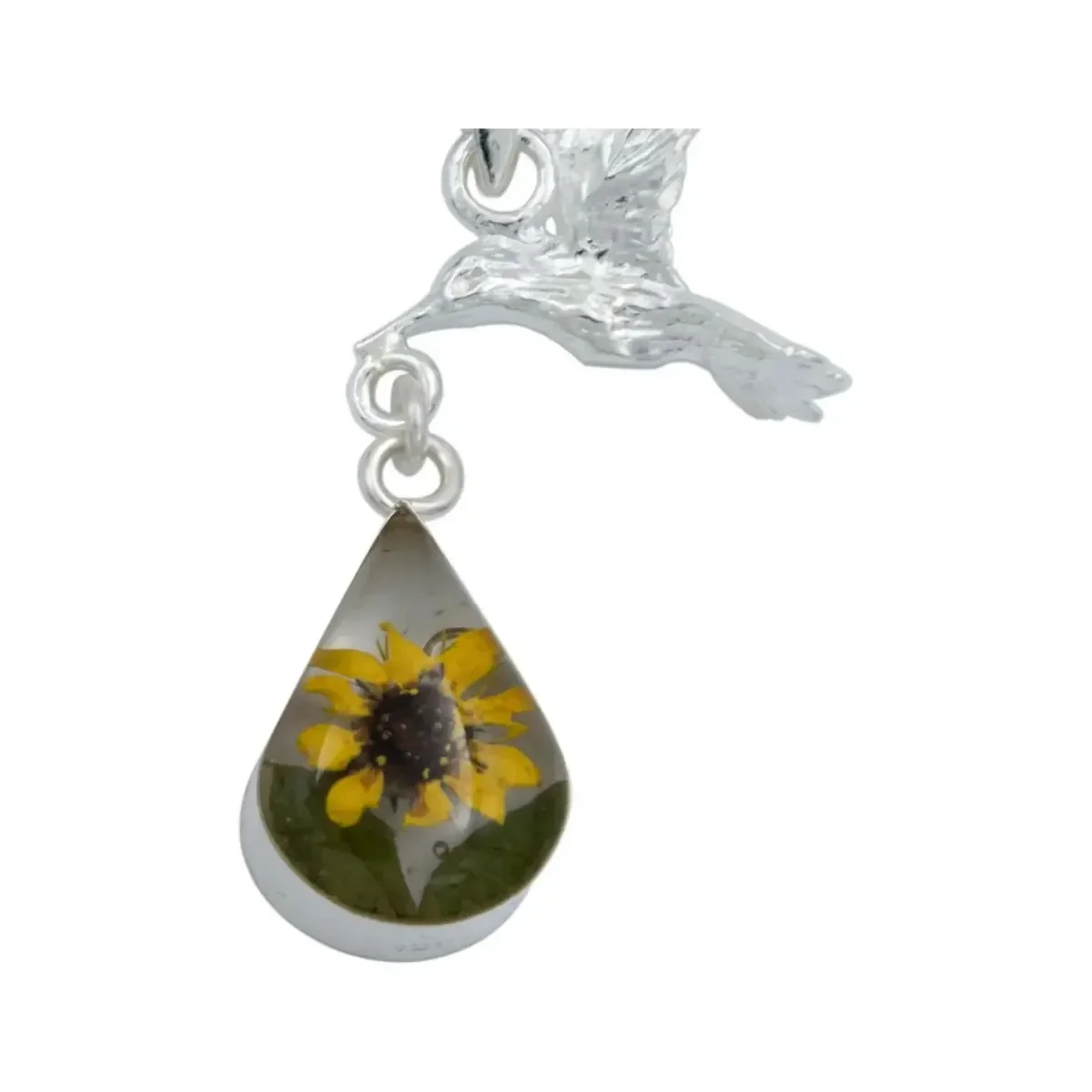 Collar Plata 925 Dije Colibrí Girasol Encapsulado Forma Lágrima - Imagen 3