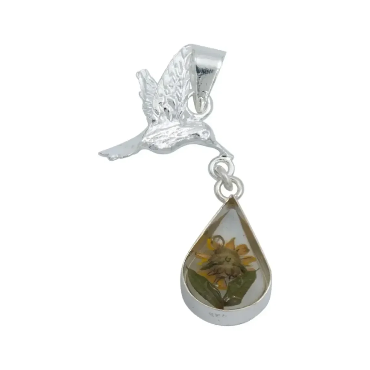 Collar Plata 925 Dije Colibrí Girasol Encapsulado Forma Lágrima - Imagen 4