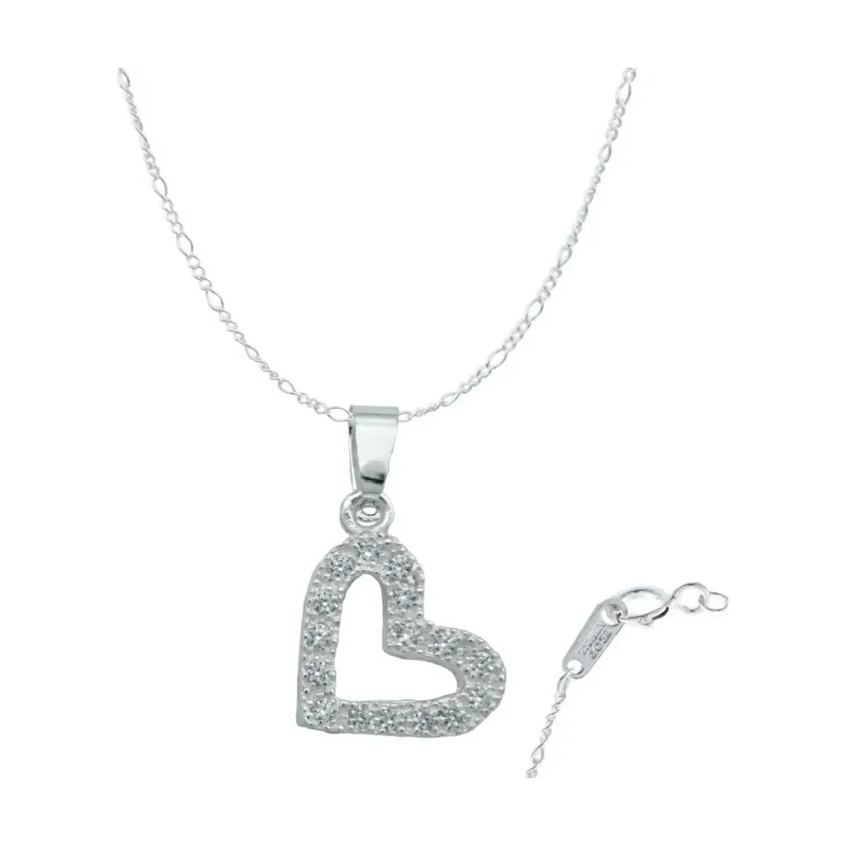 Collar Plata .925 nacional, dije corazón contorno con zirconias brillantes. Joyería de plata .925 para mujer, diseño minimali