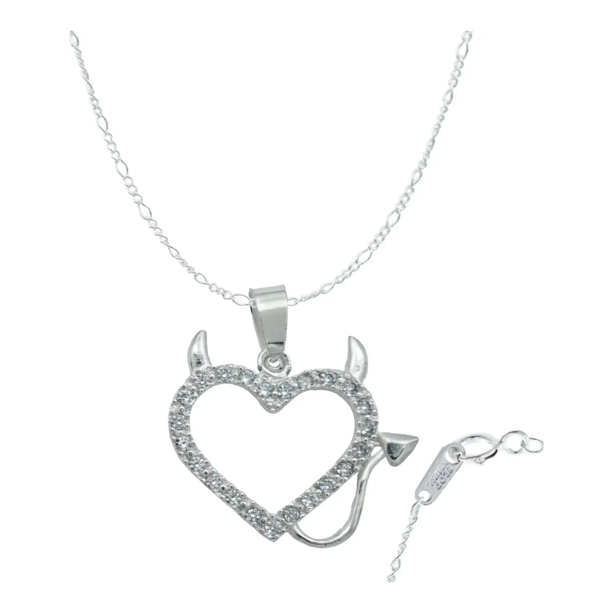 Collar con dije corazón diablo con cuernos en plata .925 y zirconia brillante, cadena Figaro 3x1 para mujer hecho en México
