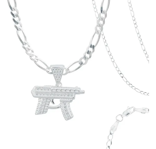 Collar Plata 925 Dije Metralleta con Zirconia para Hombre - Imagen 1