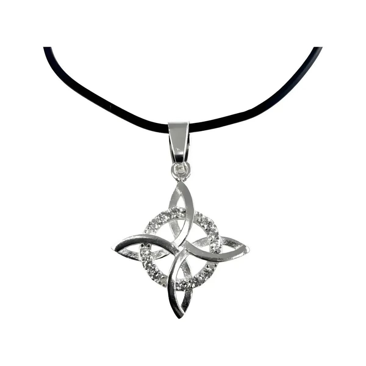 Collar plata .925 nacional dije nudo de bruja con zirconia brillante y cordón de caucho. Joyería artesanal mexicana unisex.