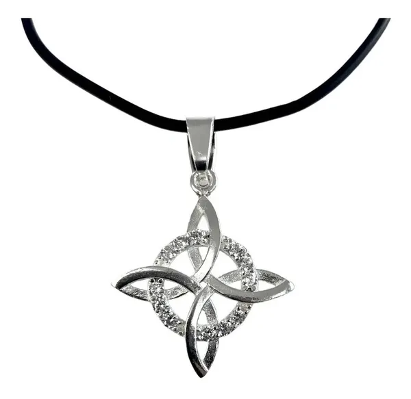 Collar Plata 925 Dije Nudo Bruja con Zirconia y Cordón de Caucho Unisex - Imagen 1