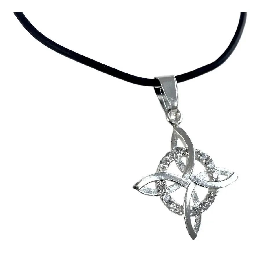 Collar Plata 925 Dije Nudo Bruja con Zirconia y Cordón de Caucho Unisex - Imagen 1