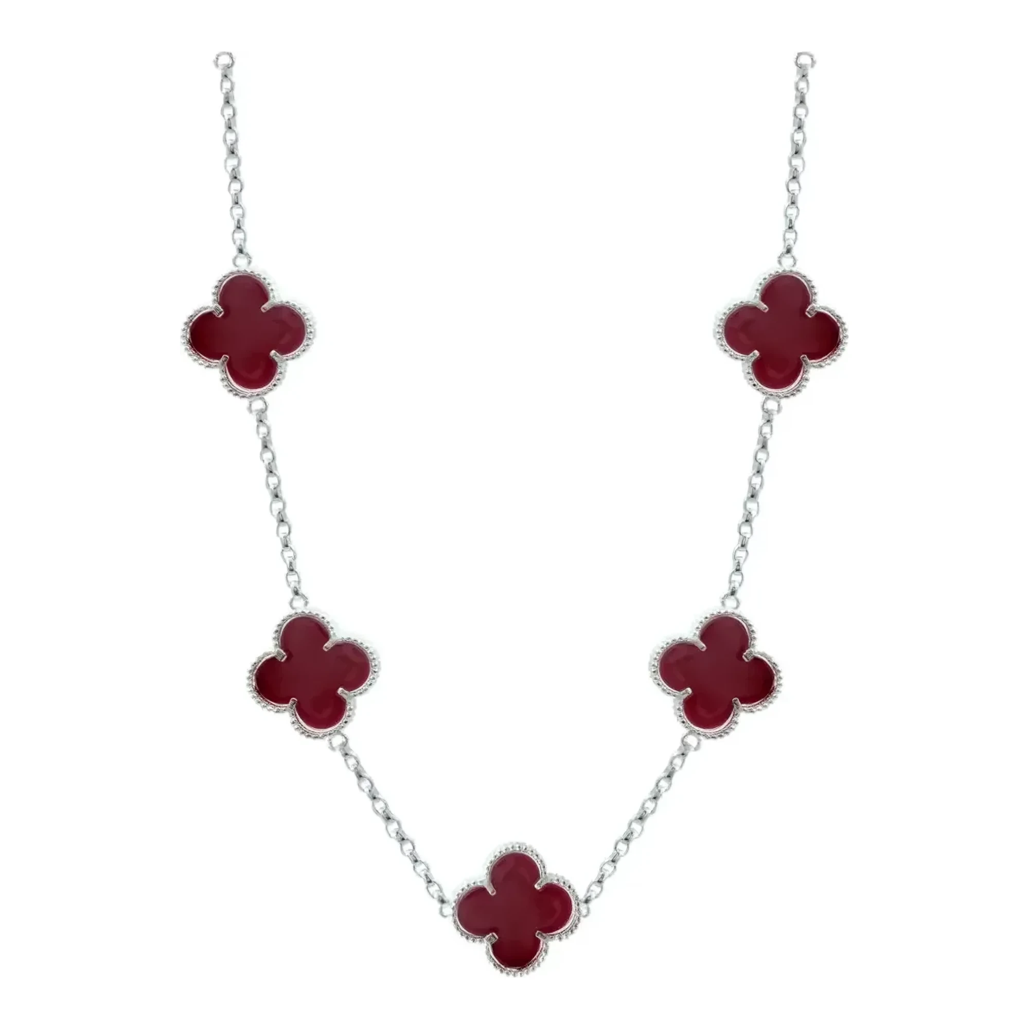 Collar trebol rojo dije de cuatro hojas esmaltado en plata .925 nacional con cadena tejido rolo de 65 cm para mujer Joyaris