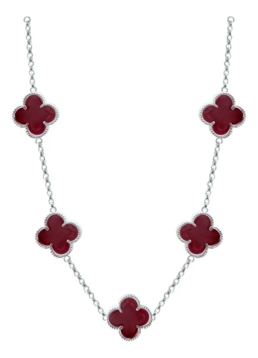 Collar Plata .925 dije trébol de cuatro hojas esmaltado rojo, cadena 65cm. Joyería artesanal mexicana de plata .925 genuina,