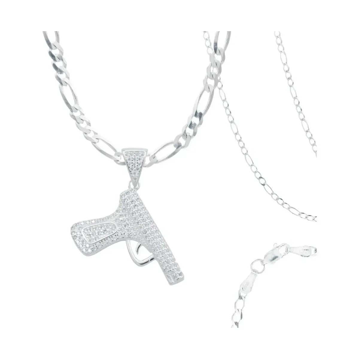 Collar Plata .925 Hombre con dije pistola y Zirconia Blanca. Joyería mexicana de plata para hombre, estilo atrevido y urbano.