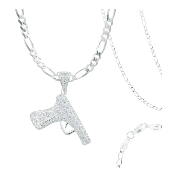 Collar Plata 925 Hombre con Dije Pistola Zirconia Blanca - Imagen 1