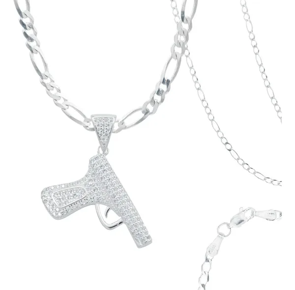 Collar Plata 925 Hombre con Dije Pistola Zirconia Blanca - Imagen 1