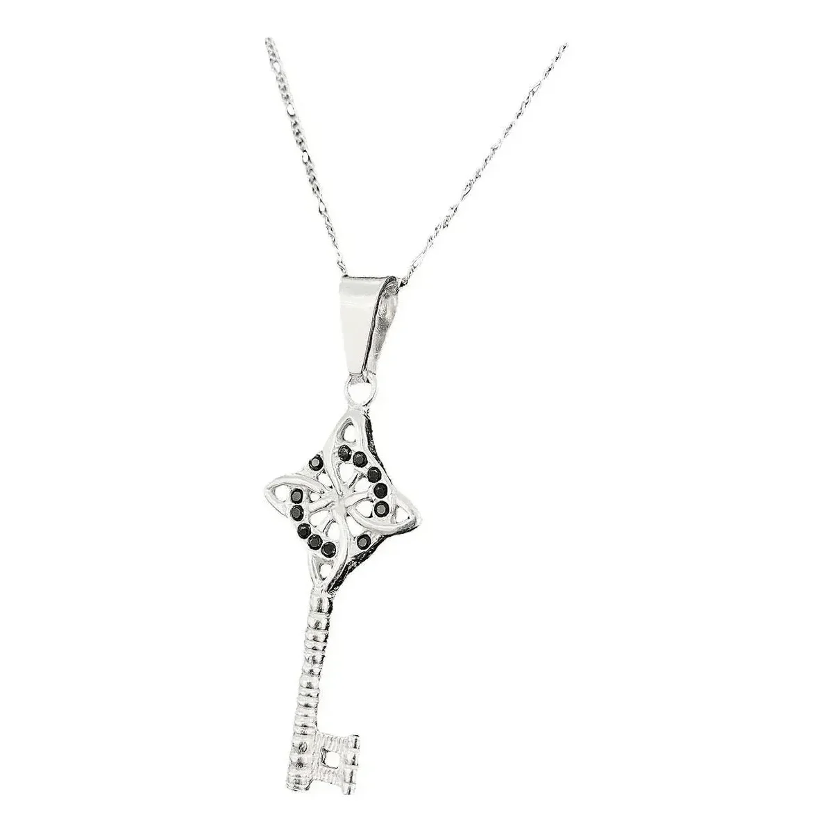 Collar Plata .925 nacional, dije Llave Nudo Bruja místico, zirconia negra, cadena Figaro 50cm, joyería artesanal plata mexica