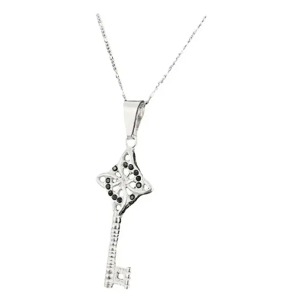 Collar Plata 925 Llave Nudo De Bruja Zirconia Negra con Cadena 50cm - Imagen 1