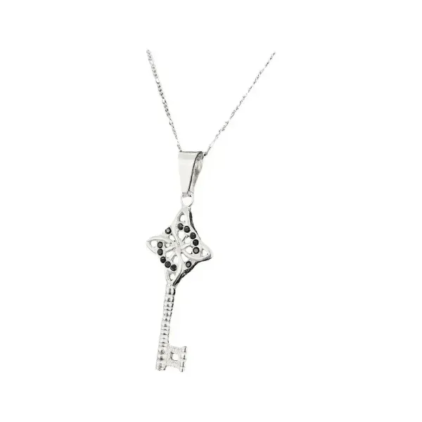 Collar Plata 925 Llave Nudo De Bruja Zirconia Negra con Cadena 50cm - Imagen 1