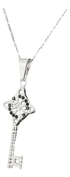 Collar Plata 925 Llave Nudo De Bruja Zirconia Negra con Cadena 50cm - Imagen 1