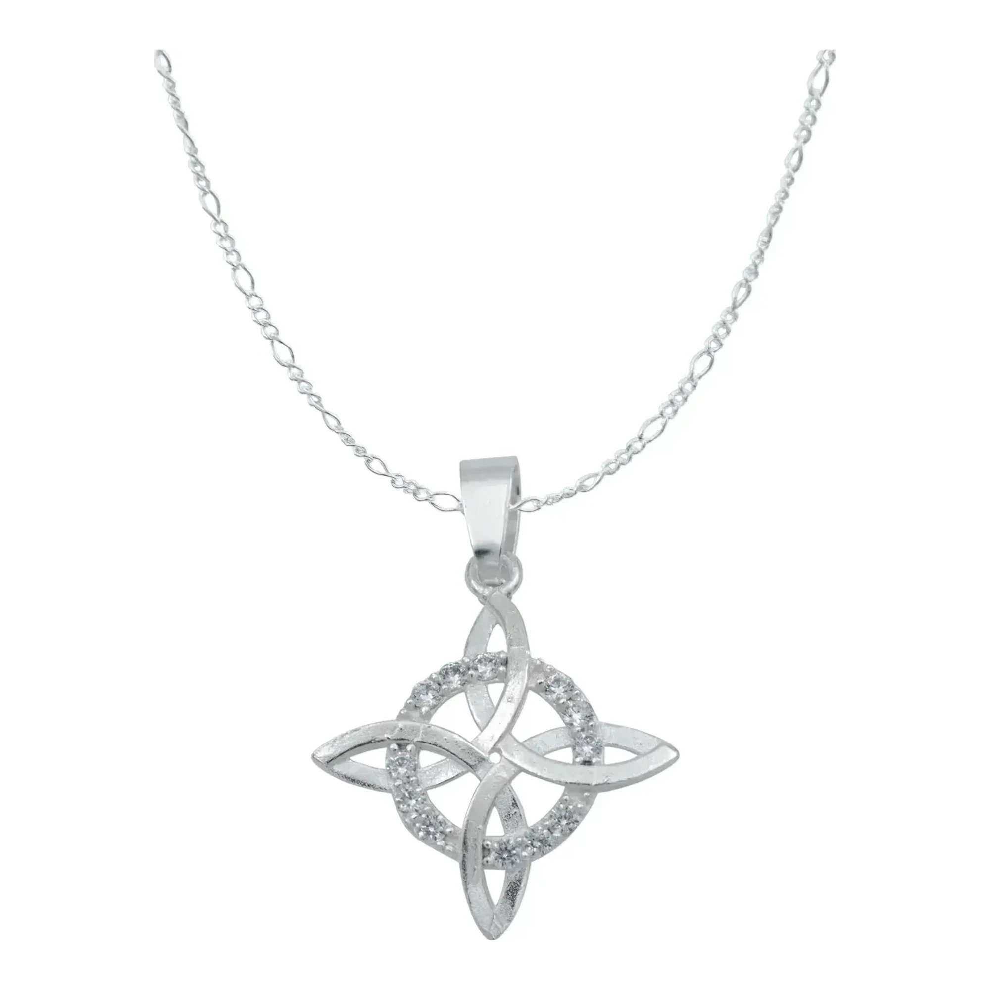 Collar de plata ley .925 con dije nudo de bruja colgante con zirconia central engastada y cadena Figaro de 50 cm brillante