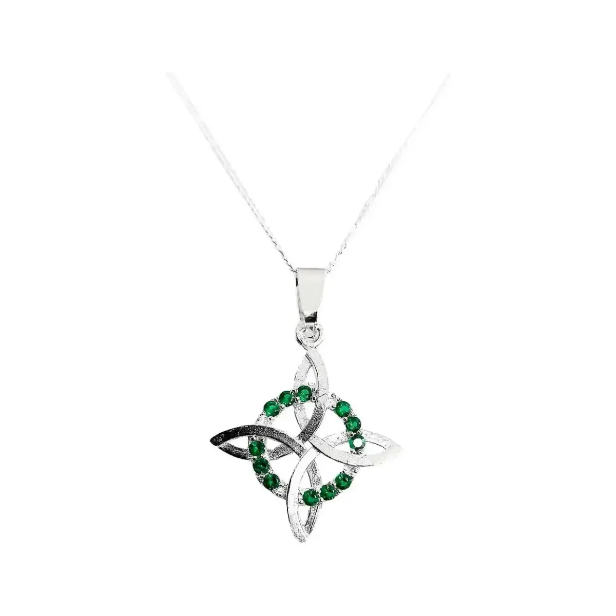 Collar Plata 925 Nudo Bruja Plano con Zirconia Verde, Cadena Figaro. Joyería mística, amuleto de protección artesanal mexican