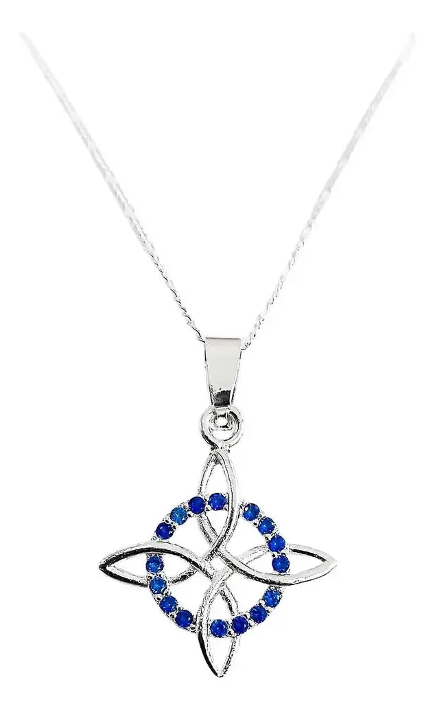 Collar Plata .925 Nudo Bruja con Cadena Figaro, Zirconia Azul brillante. Joyería mística artesanal mexicana, amuleto esotéric