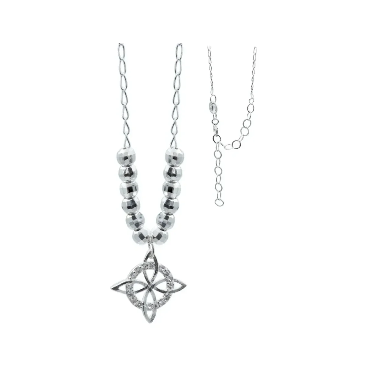 Collar Plata .925 Nudo de Bruja, joyería mexicana artesanal con bolita diamantada y brillante Zirconia, amuleto de protección