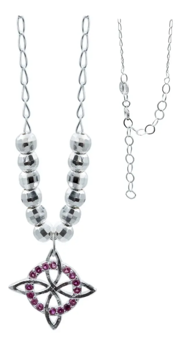 Collar Plata .925 Nudo de Bruja, diseño con bolita diamantada y zirconia fucsia. Joyería mexicana con estilo moderno y ajusta